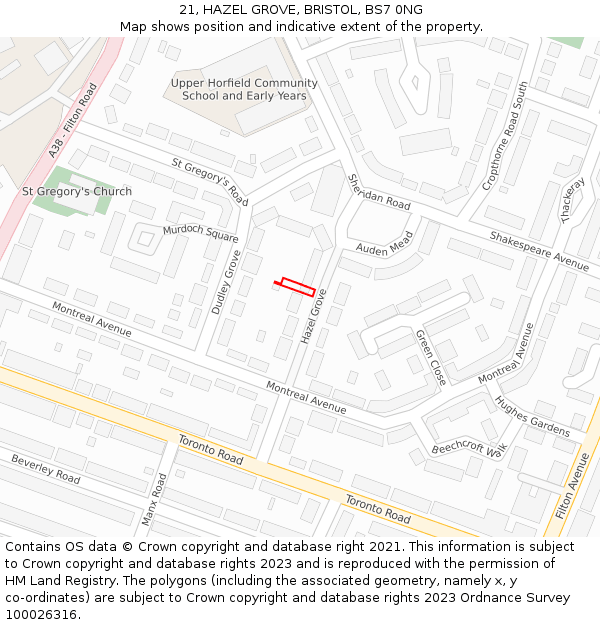 21, HAZEL GROVE, BRISTOL, BS7 0NG: Location map and indicative extent of plot