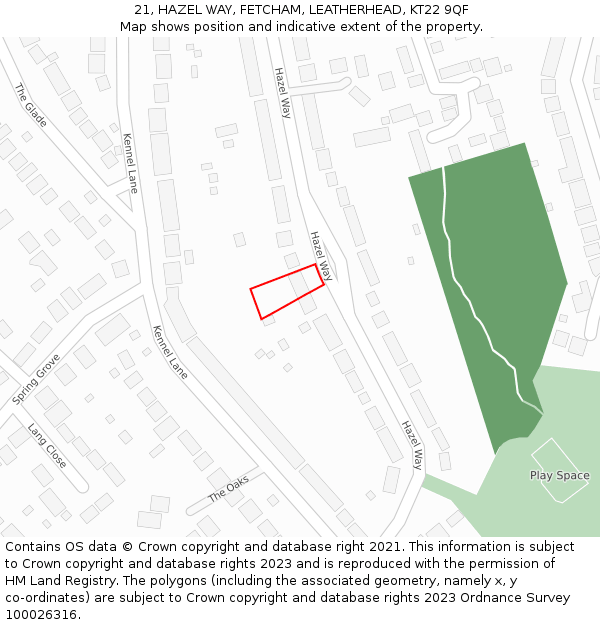 21, HAZEL WAY, FETCHAM, LEATHERHEAD, KT22 9QF: Location map and indicative extent of plot