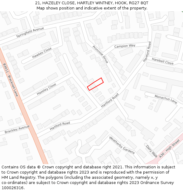 21, HAZELEY CLOSE, HARTLEY WINTNEY, HOOK, RG27 8QT: Location map and indicative extent of plot