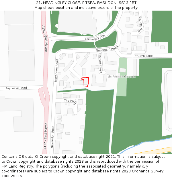 21, HEADINGLEY CLOSE, PITSEA, BASILDON, SS13 1BT: Location map and indicative extent of plot
