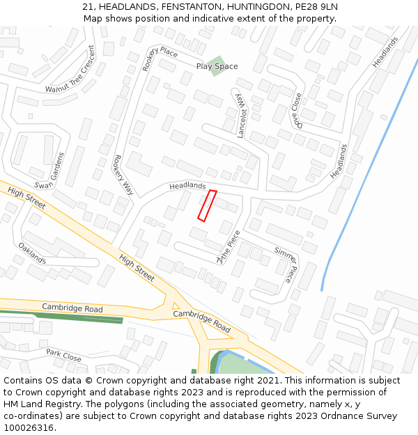 21, HEADLANDS, FENSTANTON, HUNTINGDON, PE28 9LN: Location map and indicative extent of plot