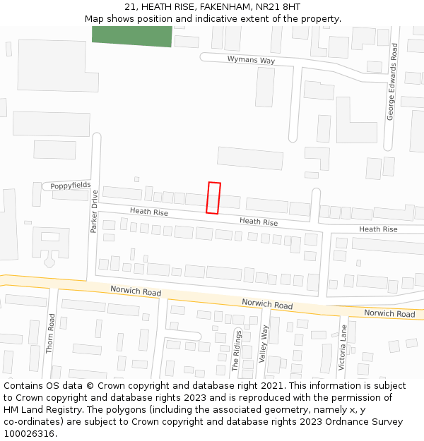 21, HEATH RISE, FAKENHAM, NR21 8HT: Location map and indicative extent of plot