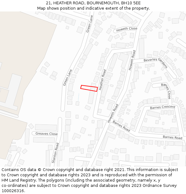 21, HEATHER ROAD, BOURNEMOUTH, BH10 5EE: Location map and indicative extent of plot