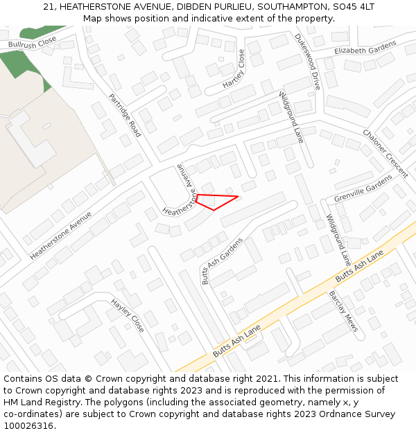 21, HEATHERSTONE AVENUE, DIBDEN PURLIEU, SOUTHAMPTON, SO45 4LT: Location map and indicative extent of plot