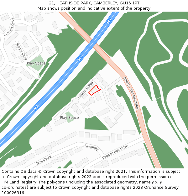 21, HEATHSIDE PARK, CAMBERLEY, GU15 1PT: Location map and indicative extent of plot