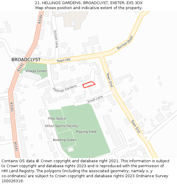 21, HELLINGS GARDENS, BROADCLYST, EXETER, EX5 3DX: Location map and indicative extent of plot