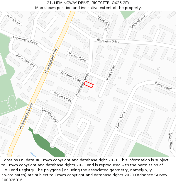 21, HEMINGWAY DRIVE, BICESTER, OX26 2FY: Location map and indicative extent of plot