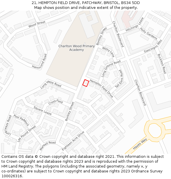 21, HEMPTON FIELD DRIVE, PATCHWAY, BRISTOL, BS34 5DD: Location map and indicative extent of plot