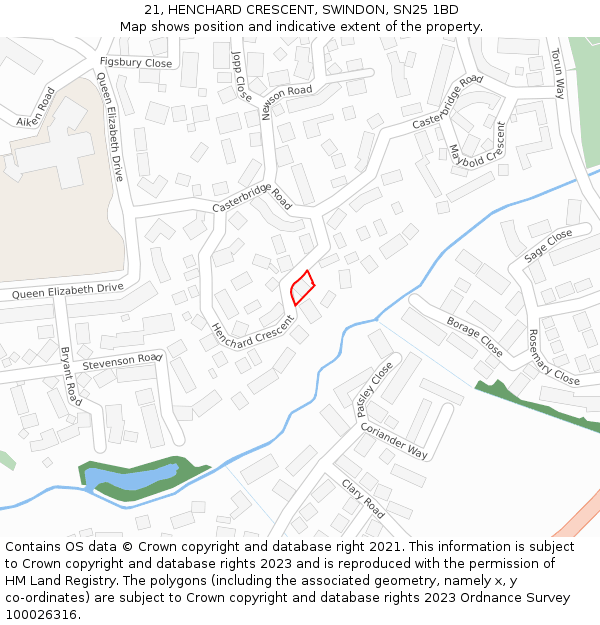 21, HENCHARD CRESCENT, SWINDON, SN25 1BD: Location map and indicative extent of plot