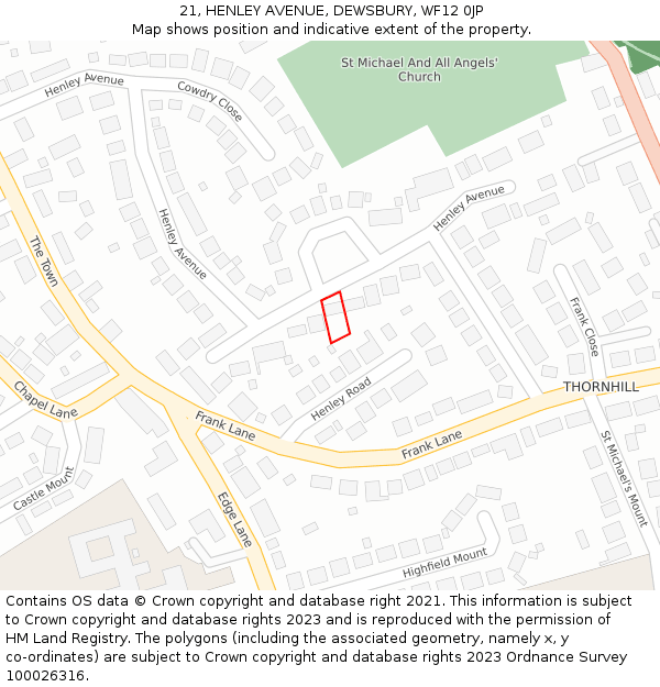 21, HENLEY AVENUE, DEWSBURY, WF12 0JP: Location map and indicative extent of plot