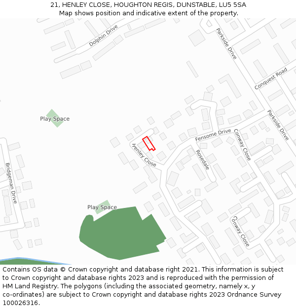 21, HENLEY CLOSE, HOUGHTON REGIS, DUNSTABLE, LU5 5SA: Location map and indicative extent of plot