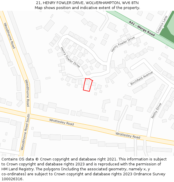 21, HENRY FOWLER DRIVE, WOLVERHAMPTON, WV6 8TN: Location map and indicative extent of plot