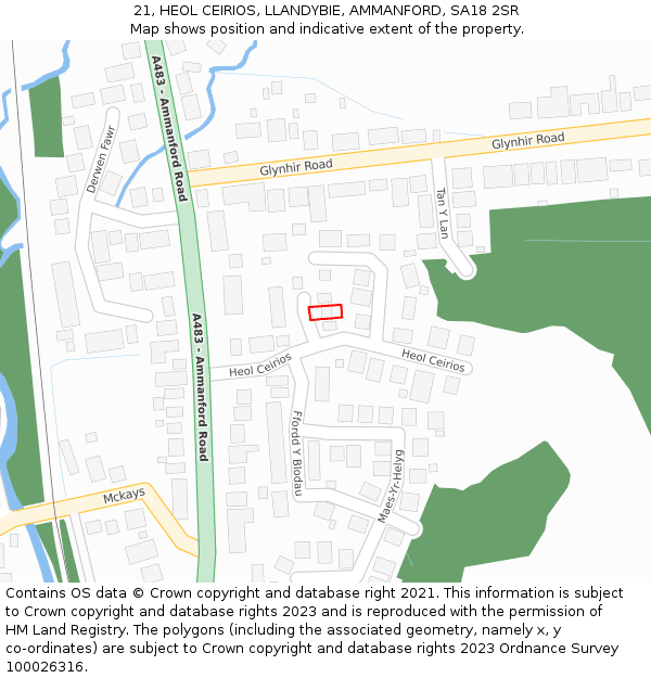 21, HEOL CEIRIOS, LLANDYBIE, AMMANFORD, SA18 2SR: Location map and indicative extent of plot