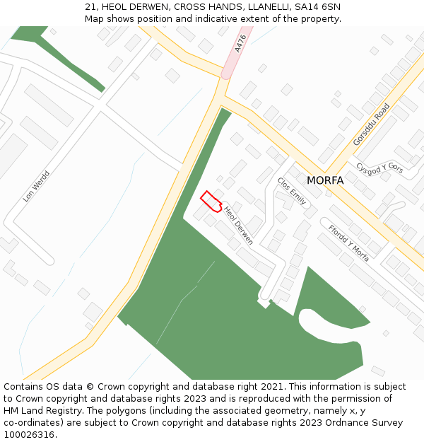21, HEOL DERWEN, CROSS HANDS, LLANELLI, SA14 6SN: Location map and indicative extent of plot
