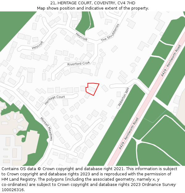 21, HERITAGE COURT, COVENTRY, CV4 7HD: Location map and indicative extent of plot