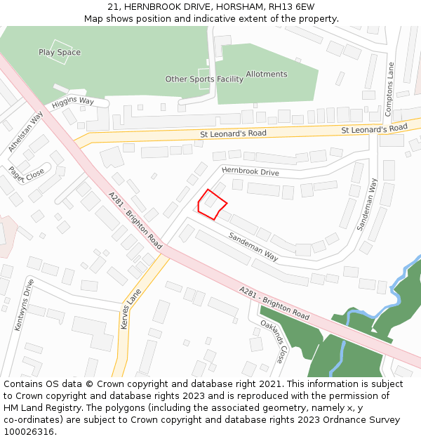 21, HERNBROOK DRIVE, HORSHAM, RH13 6EW: Location map and indicative extent of plot