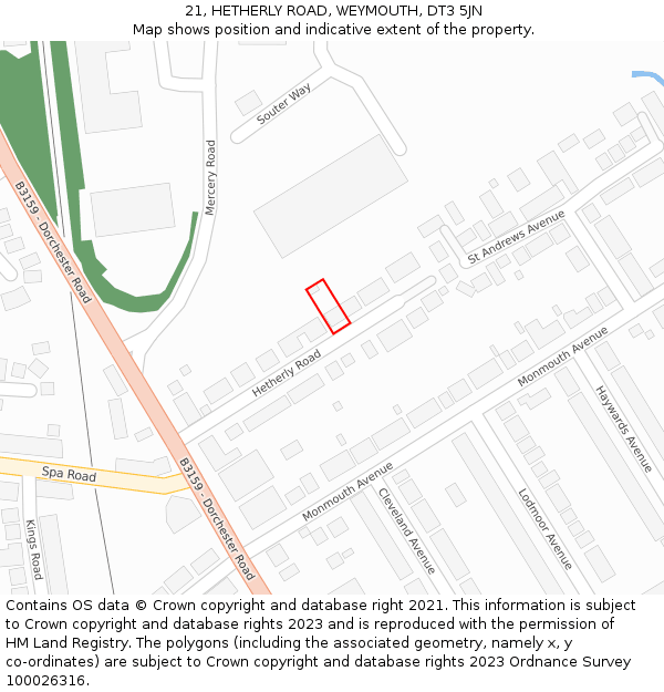 21, HETHERLY ROAD, WEYMOUTH, DT3 5JN: Location map and indicative extent of plot