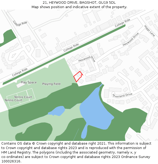 21, HEYWOOD DRIVE, BAGSHOT, GU19 5DL: Location map and indicative extent of plot