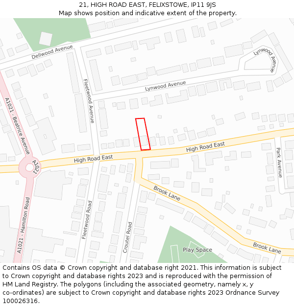 21, HIGH ROAD EAST, FELIXSTOWE, IP11 9JS: Location map and indicative extent of plot