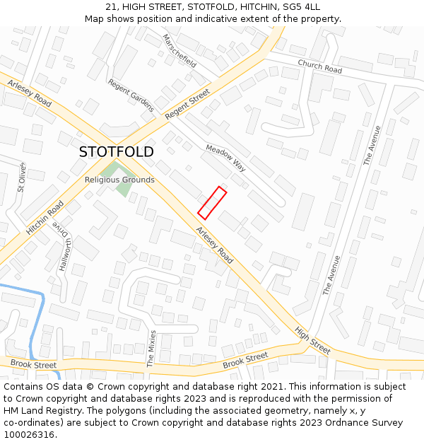 21, HIGH STREET, STOTFOLD, HITCHIN, SG5 4LL: Location map and indicative extent of plot