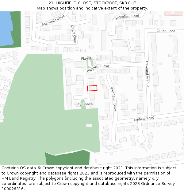 21, HIGHFIELD CLOSE, STOCKPORT, SK3 8UB: Location map and indicative extent of plot