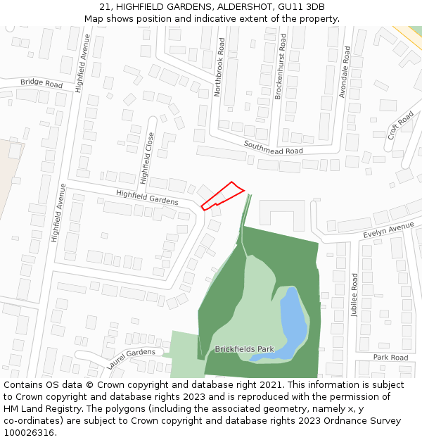 21, HIGHFIELD GARDENS, ALDERSHOT, GU11 3DB: Location map and indicative extent of plot