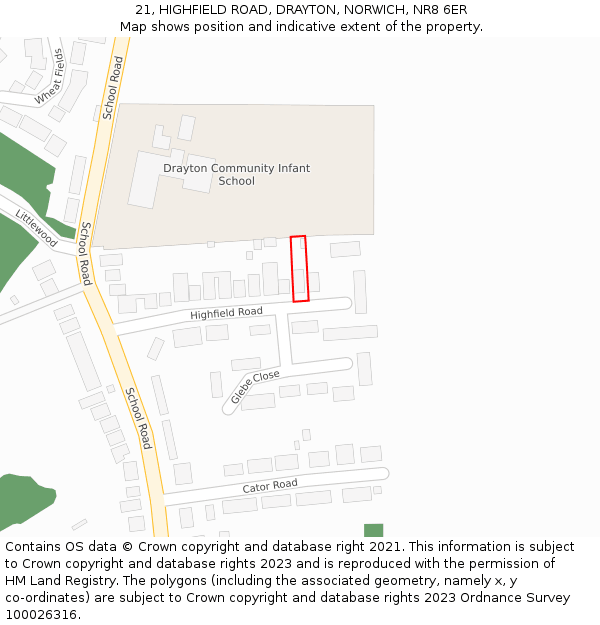 21, HIGHFIELD ROAD, DRAYTON, NORWICH, NR8 6ER: Location map and indicative extent of plot