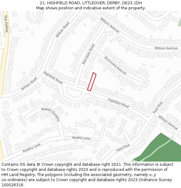 21, HIGHFIELD ROAD, LITTLEOVER, DERBY, DE23 1DH: Location map and indicative extent of plot