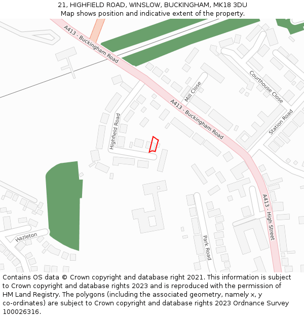 21, HIGHFIELD ROAD, WINSLOW, BUCKINGHAM, MK18 3DU: Location map and indicative extent of plot