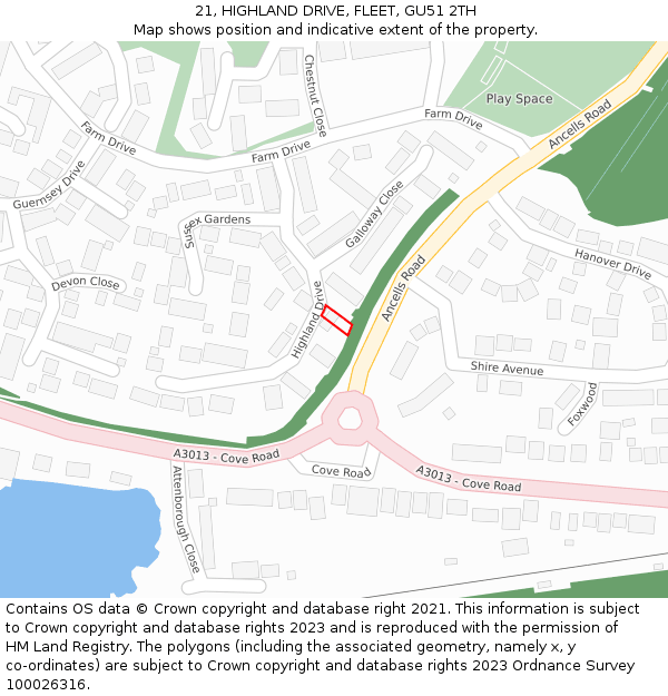 21, HIGHLAND DRIVE, FLEET, GU51 2TH: Location map and indicative extent of plot