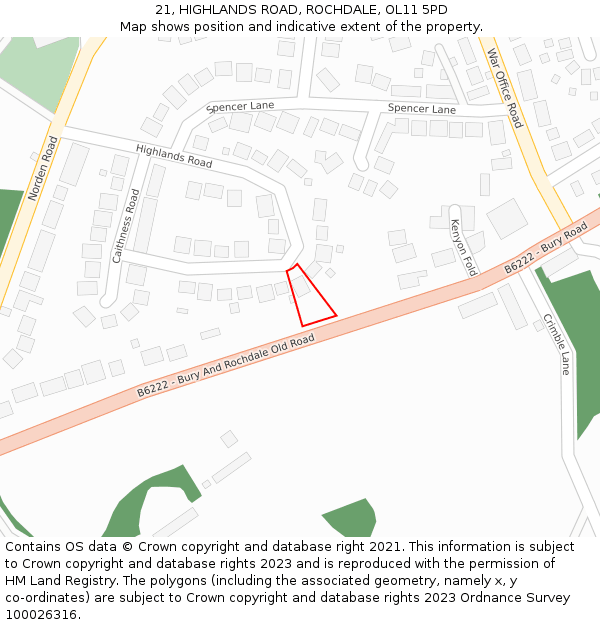 21, HIGHLANDS ROAD, ROCHDALE, OL11 5PD: Location map and indicative extent of plot