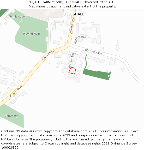 21, HILL FARM CLOSE, LILLESHALL, NEWPORT, TF10 9HU: Location map and indicative extent of plot