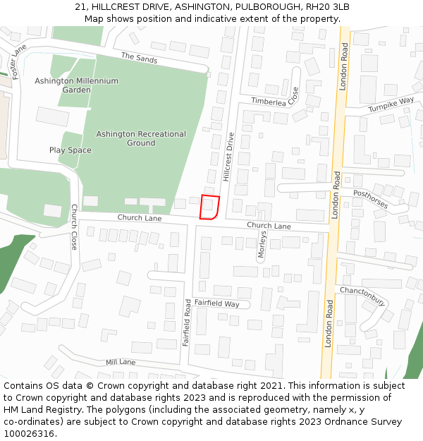 21, HILLCREST DRIVE, ASHINGTON, PULBOROUGH, RH20 3LB: Location map and indicative extent of plot