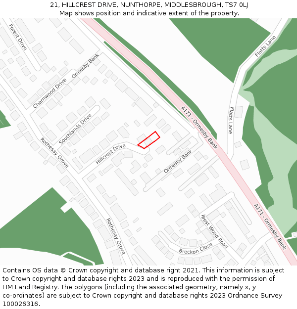 21, HILLCREST DRIVE, NUNTHORPE, MIDDLESBROUGH, TS7 0LJ: Location map and indicative extent of plot