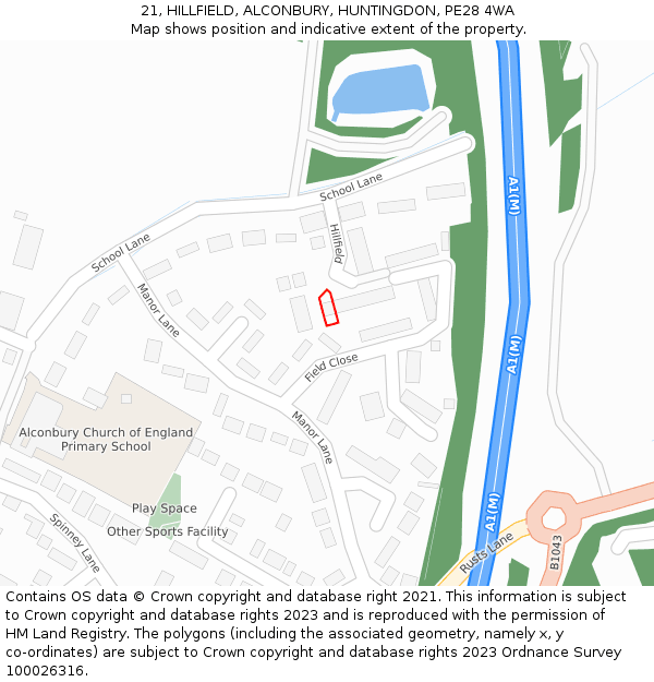 21, HILLFIELD, ALCONBURY, HUNTINGDON, PE28 4WA: Location map and indicative extent of plot