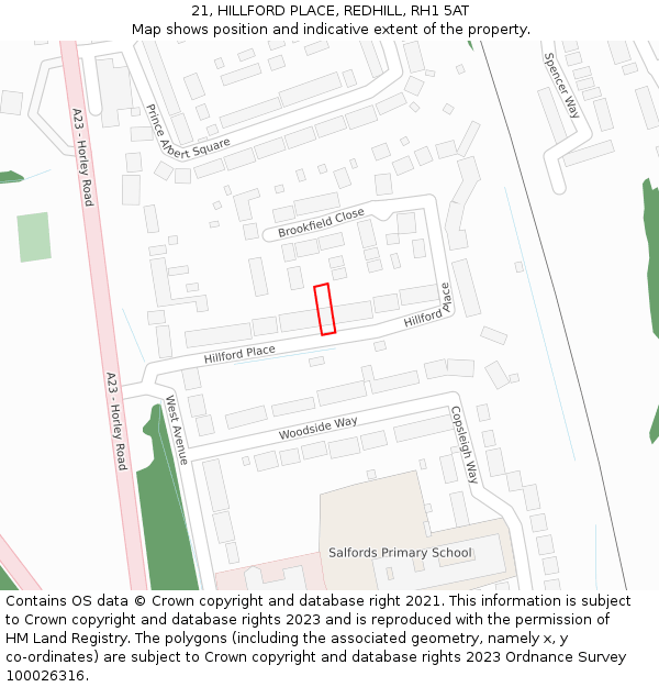 21, HILLFORD PLACE, REDHILL, RH1 5AT: Location map and indicative extent of plot