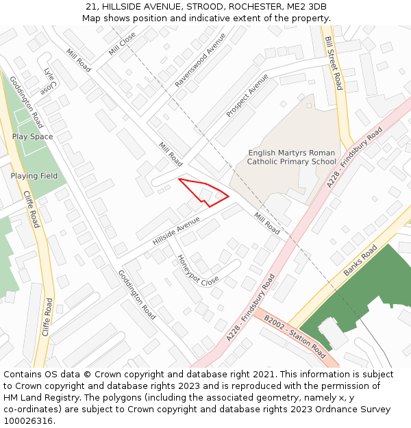 21, HILLSIDE AVENUE, STROOD, ROCHESTER, ME2 3DB: Location map and indicative extent of plot