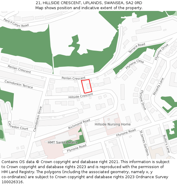 21, HILLSIDE CRESCENT, UPLANDS, SWANSEA, SA2 0RD: Location map and indicative extent of plot