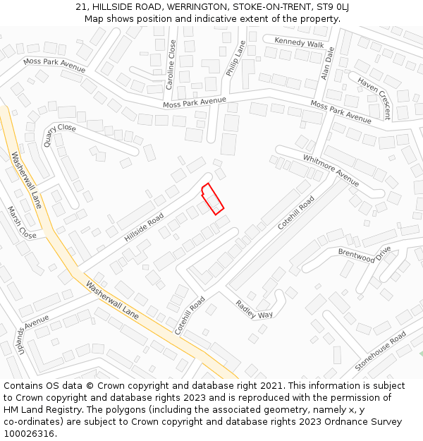 21, HILLSIDE ROAD, WERRINGTON, STOKE-ON-TRENT, ST9 0LJ: Location map and indicative extent of plot