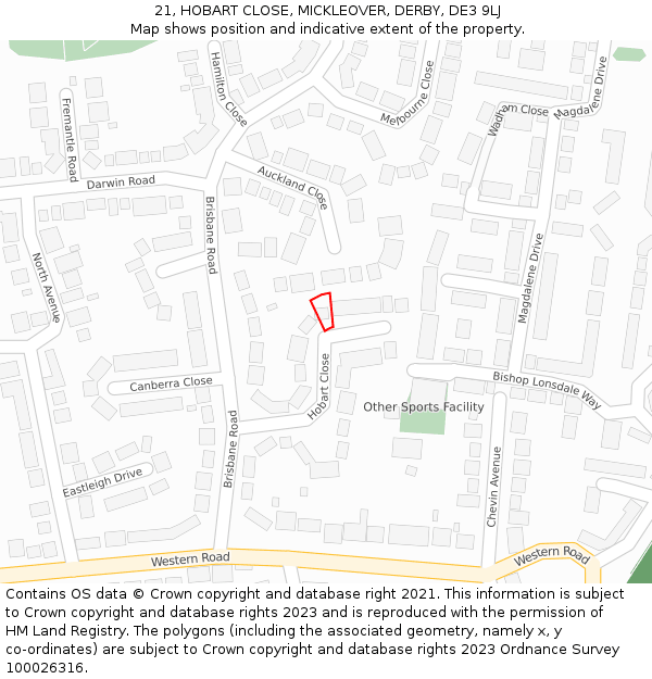 21, HOBART CLOSE, MICKLEOVER, DERBY, DE3 9LJ: Location map and indicative extent of plot