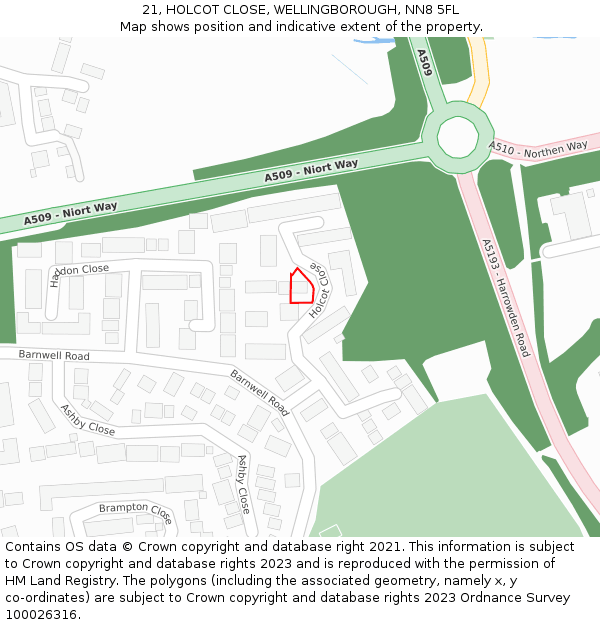 21, HOLCOT CLOSE, WELLINGBOROUGH, NN8 5FL: Location map and indicative extent of plot