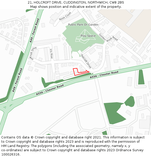 21, HOLCROFT DRIVE, CUDDINGTON, NORTHWICH, CW8 2BS: Location map and indicative extent of plot