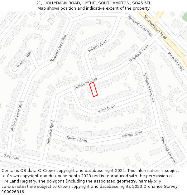 21, HOLLYBANK ROAD, HYTHE, SOUTHAMPTON, SO45 5FL: Location map and indicative extent of plot