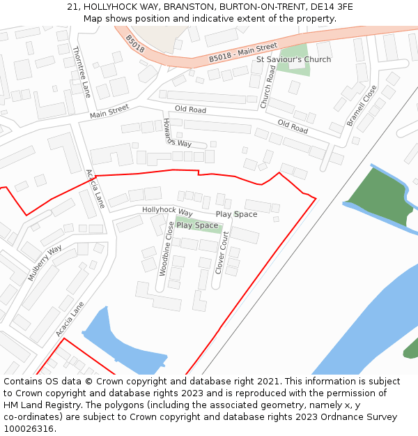 21, HOLLYHOCK WAY, BRANSTON, BURTON-ON-TRENT, DE14 3FE: Location map and indicative extent of plot
