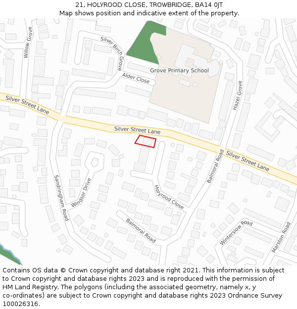 21, HOLYROOD CLOSE, TROWBRIDGE, BA14 0JT: Location map and indicative extent of plot
