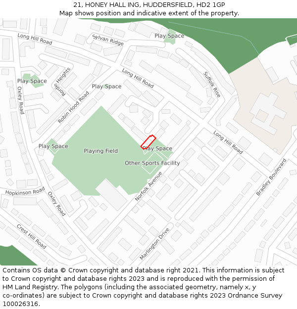 21, HONEY HALL ING, HUDDERSFIELD, HD2 1GP: Location map and indicative extent of plot