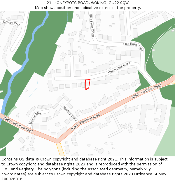 21, HONEYPOTS ROAD, WOKING, GU22 9QW: Location map and indicative extent of plot