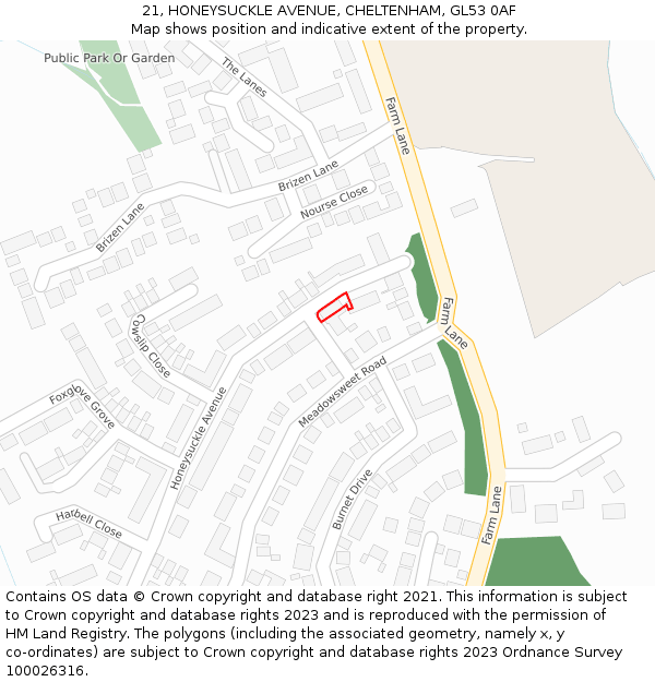 21, HONEYSUCKLE AVENUE, CHELTENHAM, GL53 0AF: Location map and indicative extent of plot