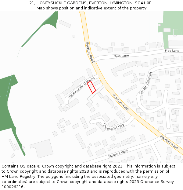 21, HONEYSUCKLE GARDENS, EVERTON, LYMINGTON, SO41 0EH: Location map and indicative extent of plot