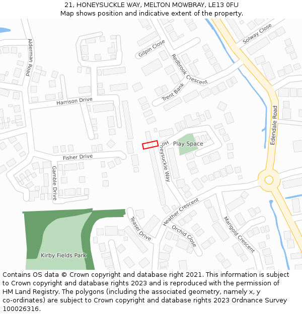 21, HONEYSUCKLE WAY, MELTON MOWBRAY, LE13 0FU: Location map and indicative extent of plot